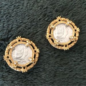 Vintage faux French coin rhinestone accent clip on earrings